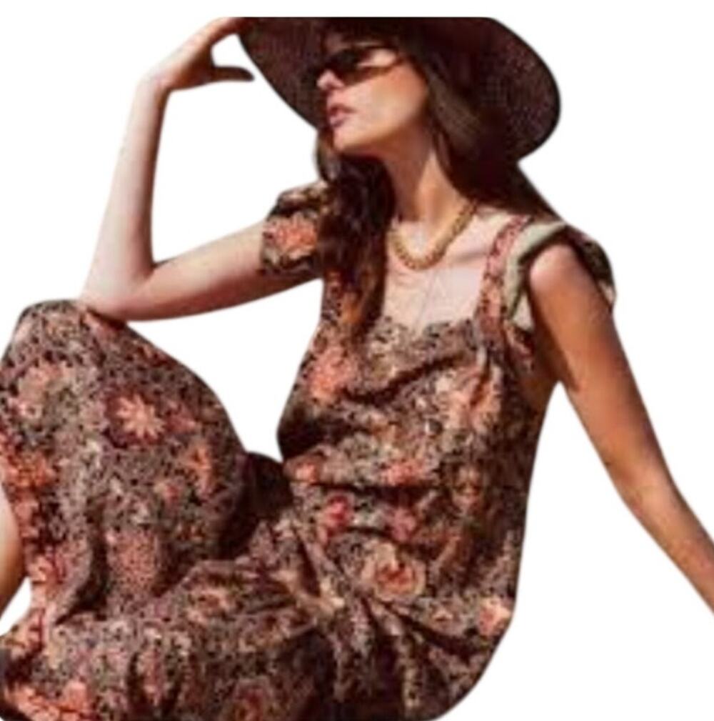 Anthropologie Love the Label Jaipur Floral Maxi Dress Ruffled Straps Pockets, M